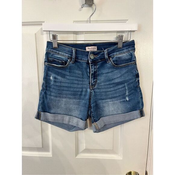 Juicy Couture Cuffed Lightly Distressed Denim Stretch Shirts sz 2 EUC Y2K - Picture 1 of 8